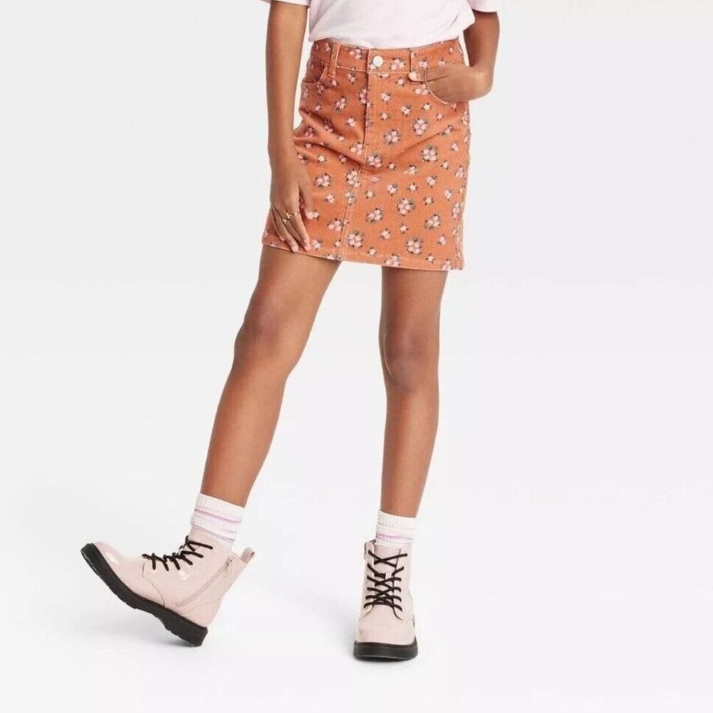 Art Class Rusted Orange & Pink Floral Corduroy Skirt Girls Size 7/8